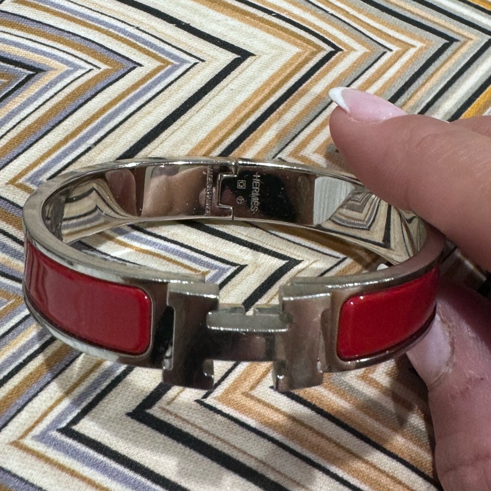 Hermes Silver Bracelet Enamel Narrow Clic Bracelet Burgundy